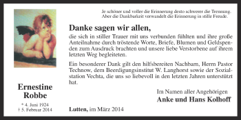 Anzeige von Ernestine Robbe von OM-Medien